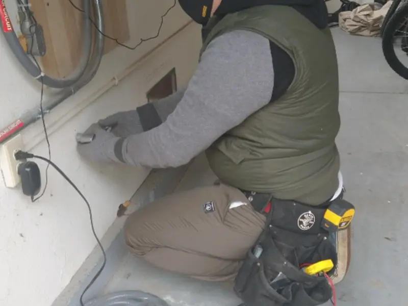 Electrician performing outlet wiring in a Dunwoody garage